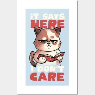 It Says Here I Don't Care - Funny Cute Cat Book Gift Posters and Art